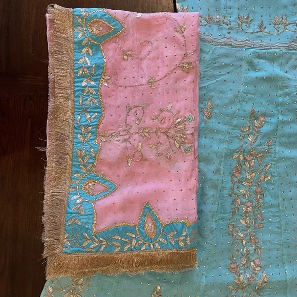 3pc Pink & Blue Indian Anarkali Suit With Salwaar - Picture 8 of 15